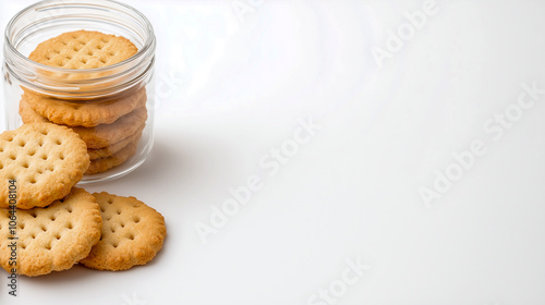 bote de cristal lleno de galletas de avena, con espacio en blanco  photo