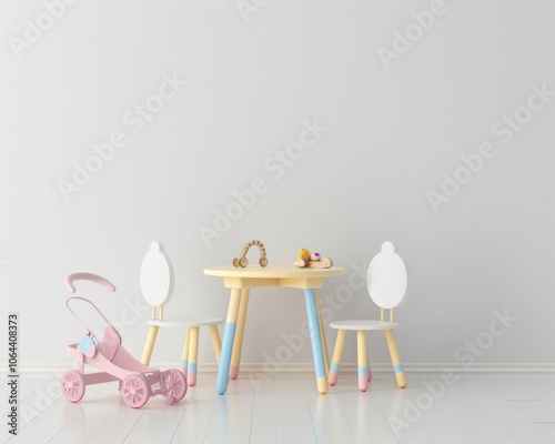 A minimalist nursery with a rocking chair, a baby carriage, and a small table with toys photo