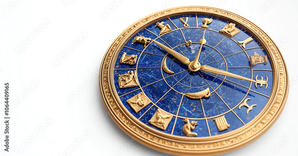 A beautifully designed astrological clock featuring zodiac symbols and intricate details against a white isolated background. A beautifully designed astrological clock featuring zodiac symbols and intricate details against a white isolated background.
