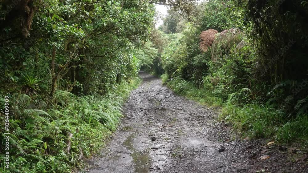 Caminando por un sendero fangoso bajo la lluvia en un bosque tropical húmedo de Costa Rica, rodeado de vegetación frondosa y helechos. Caminando por un sendero fangoso bajo la lluvia en un bosque tropical húmedo de Costa Rica, rodeado de vegetación frondosa y helechos.