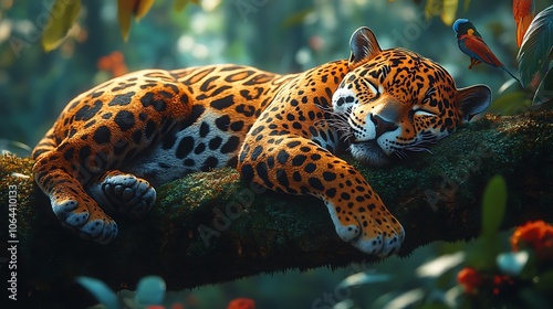 A jaguar sleeps peacefully on a branch in a lush green jungle, with a colorful bird perched above it.