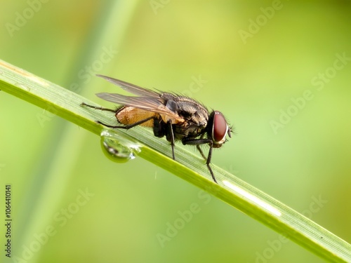 house fly on green leaf with blur background