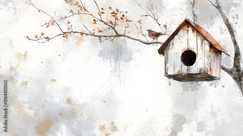 Watercolor Artistic using soft, brushy watercolor strokes, Soft Color, Single object picture - a rustic birdhouse hanging from a tree branch