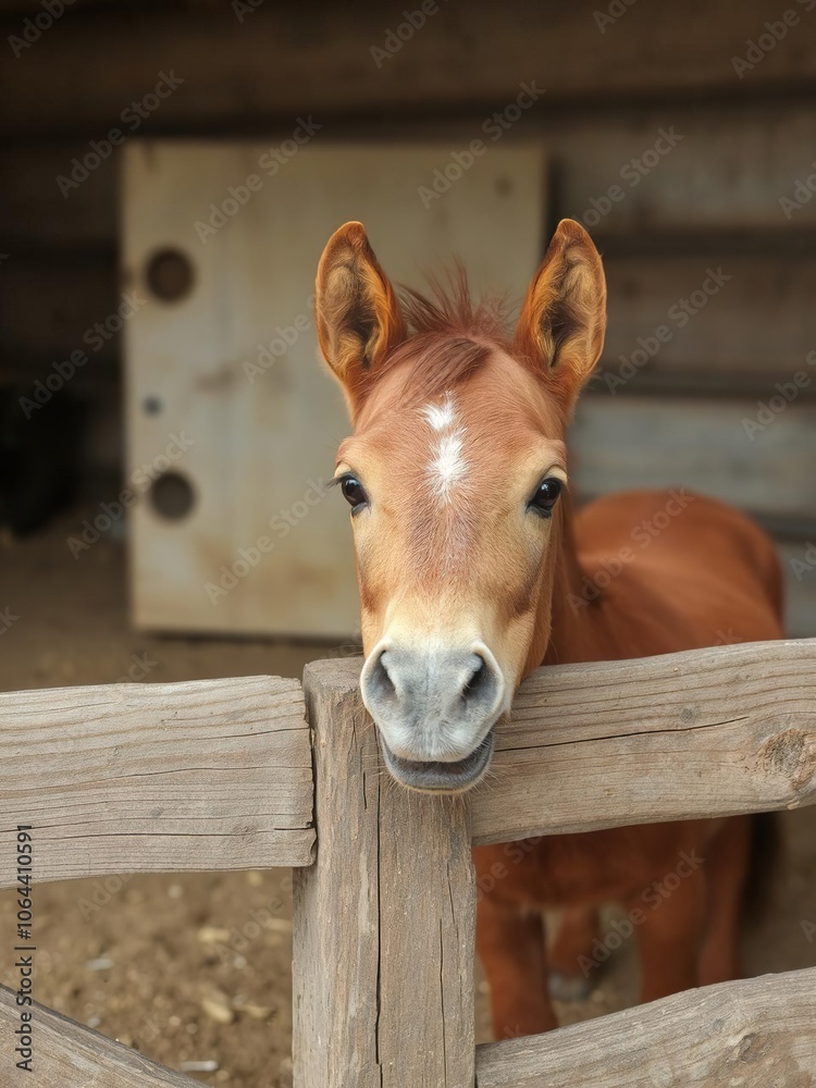 Fototapeta premium Adorable little red pony with a curious expression peeking over a rustic wooden stable fence, stable, animal