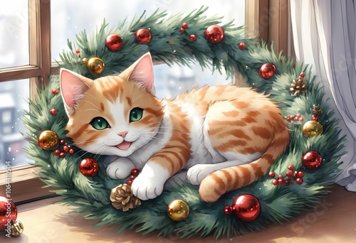 Cat and Christmas wreath