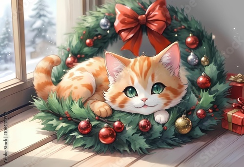 Cat and Christmas wreath