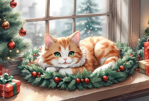 Cat and Christmas wreath