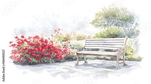 Watercolor Artistic using soft, brushy watercolor strokes, Soft Color, Single object picture - a wooden garden bench placed near a flowerbed