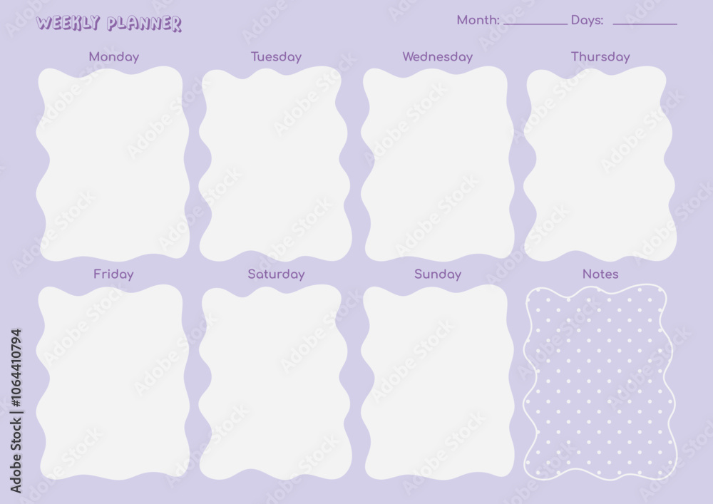 Weekly planner with flowers pastel violet purple set, five pages ready to print A4, design with Y2K Style, girly style with lettering type text, schedule and organization Weekly planner with flowers pastel violet purple set, five pages ready to print A4, design with Y2K Style, girly style with lettering type text, schedule and organization