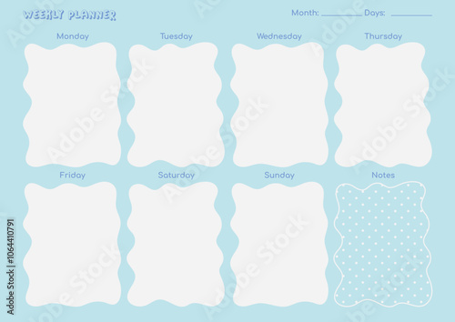 Weekly planner with flowers light blue set,  five pages ready to print, design with Y2K Style, girly style with lettering type text, schedule and organization
