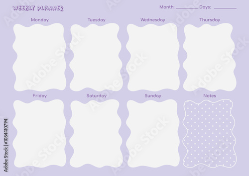 Weekly planner with flowers pastel violet purple set, five pages ready to print A4, design with Y2K Style, girly style with lettering type text, schedule and organization photo