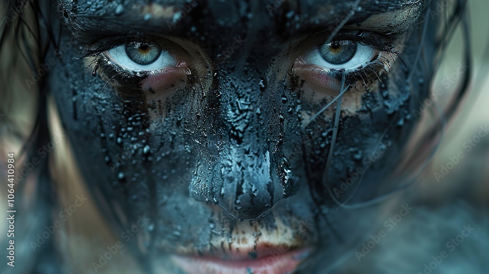 Intense Close-Up Portrait of a Woman with Mud on Her Face Intense Close-Up Portrait of a Woman with Mud on Her Face