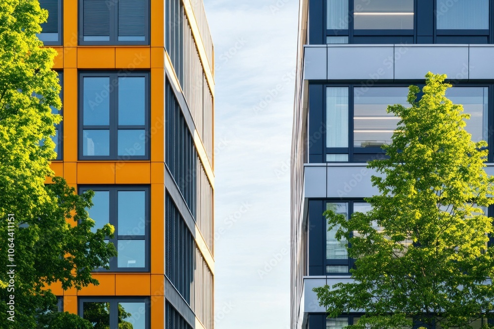 Modern architecture, urban buildings, vibrant colors and greenery in cityscape Two contemporary office buildings with asymmetrical facades, orange and white sections, contrasting with lush trees Modern architecture, urban buildings, vibrant colors and greenery in cityscape Two contemporary office buildings with asymmetrical facades, orange and white sections, contrasting with lush trees