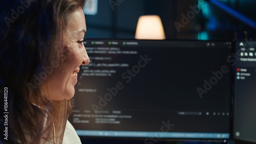 Delighted programmer celebrating after filtering malicious traffic from cybercriminals attempting to steal company data. Woman excited about accomplishment, preventing malware, camera B