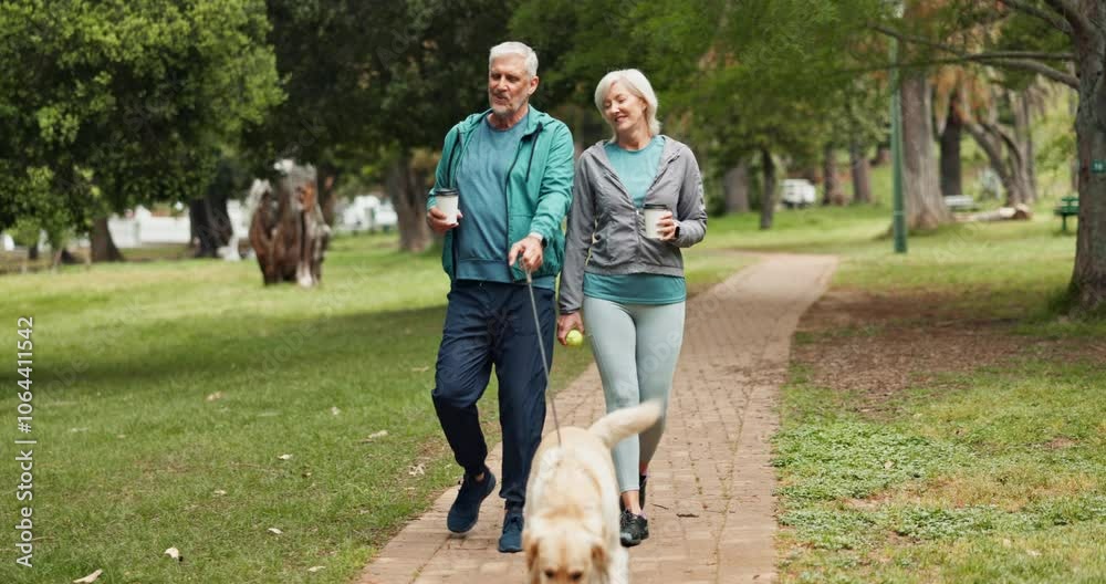 Couple, dog and walking in park with coffee, care and love in morning with smile with memory. Mature man, woman and pet animal with conversation, drink and exercise on path for wellness in England