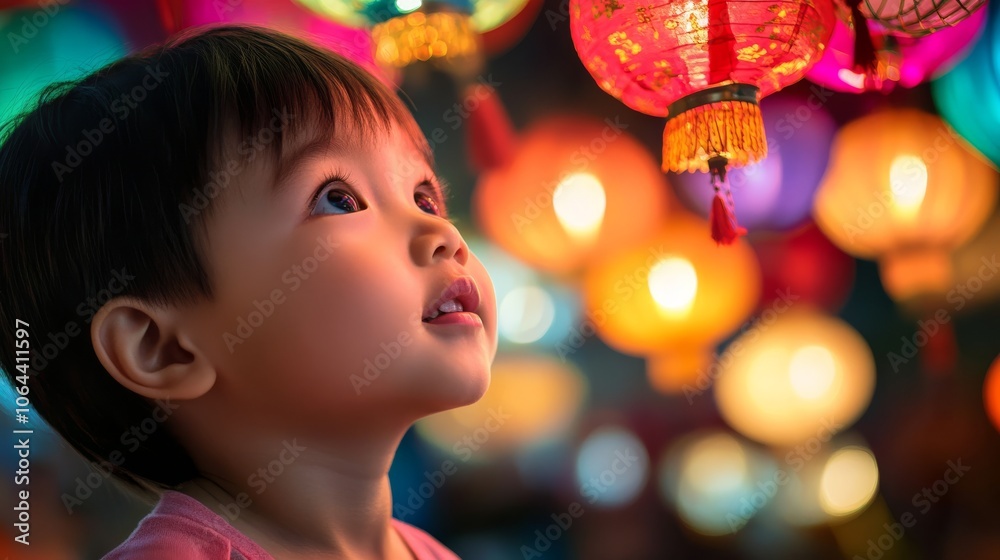 A curious child looks up in awe at colorful lanterns glowing in a festive atmosphere. A curious child looks up in awe at colorful lanterns glowing in a festive atmosphere.