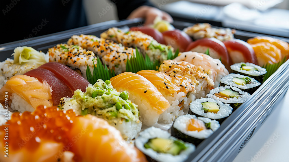 Business people eating sushi in office Business people eating sushi in office