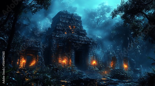 A mysterious ancient temple stands tall in a lush jungle with flickering torches illuminating the entrance.