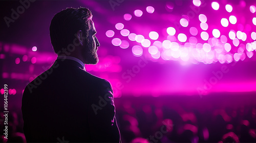 Back view of a man in a suit observing vibrant pink lights at an event or party