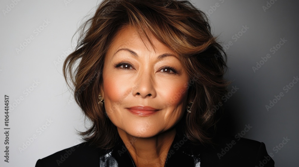 Joyful Asian Woman with Short Bob Pointing Upward in Playful Portrait Joyful Asian Woman with Short Bob Pointing Upward in Playful Portrait