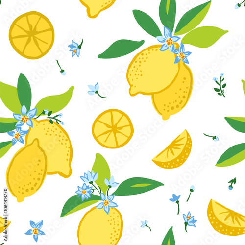 Seamless vector repeat pattern with yellow lemons and blue blossom flowers toss on white ground. Summer fruit, swim, beach design, juice, food, picnic, cooking, mediterranean, Italian food backdrop