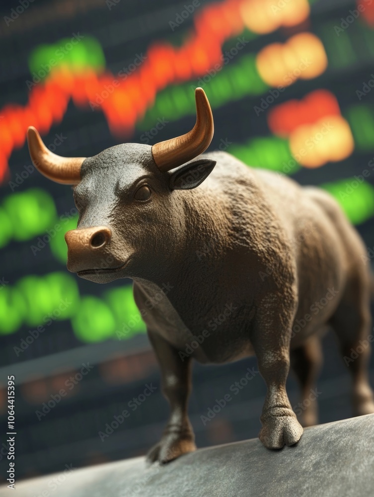 Bull figurine on stock market background Bull figurine on stock market background