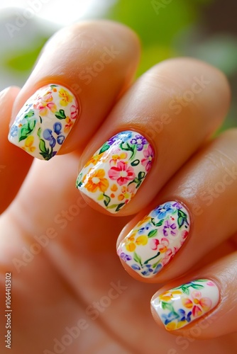 A woman's hand holding a white manicure with colorful flowers on it