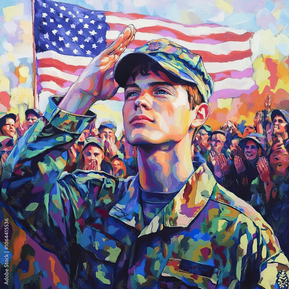 Fototapeta premium Young soldier saluting at Veterans Day parade, American flag in background, crowd cheering, bright colors, patriotic scene, veterans day background, veterans day banner, Veterans Day