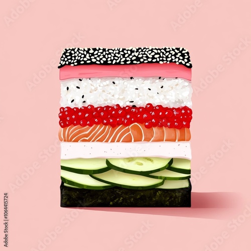 Colorful layered sushi stack on a pink background photo