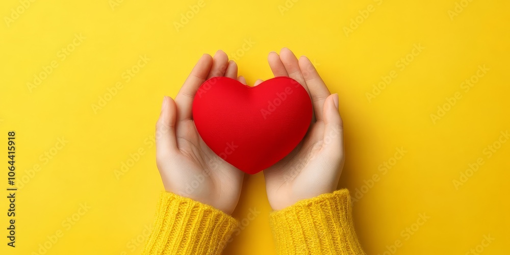 Young women holding a red heart symbolize care and compassion. Young women holding a red heart symbolize care and compassion.