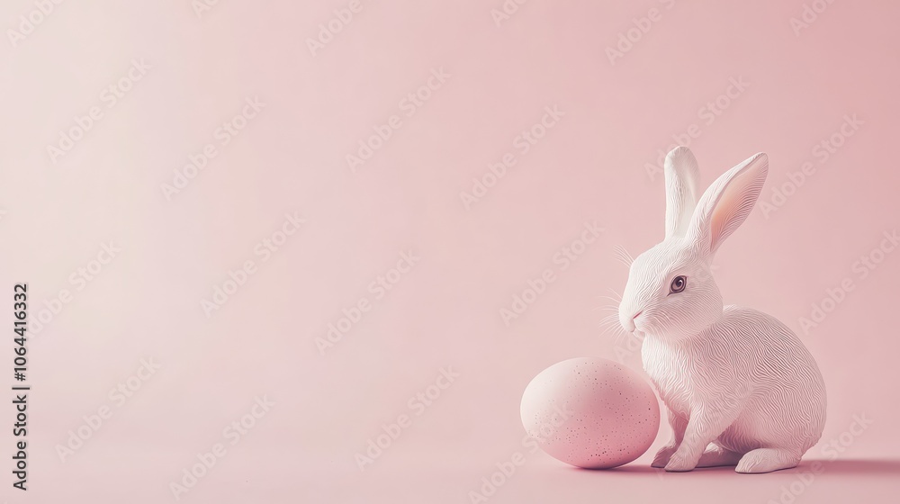 Whimsical Pink Bunny with Egg on Soft Background Whimsical Pink Bunny with Egg on Soft Background