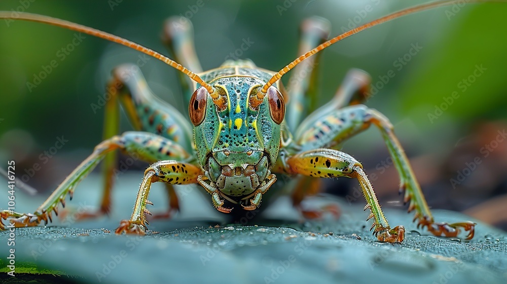 Fototapeta premium Close-Up Macro Photography of a Vibrant Green Grasshopper on a Leaf