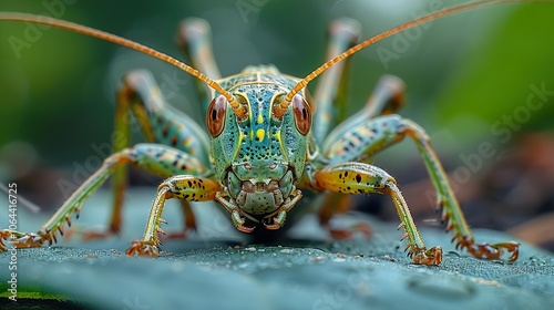 Close-Up Macro Photography of a Vibrant Green Grasshopper on a Leaf