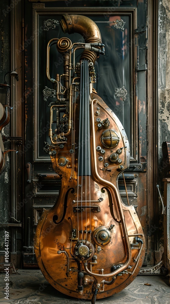 Naklejka premium Steampunk Double Bass: A Futuristic and Artistic Masterpiece