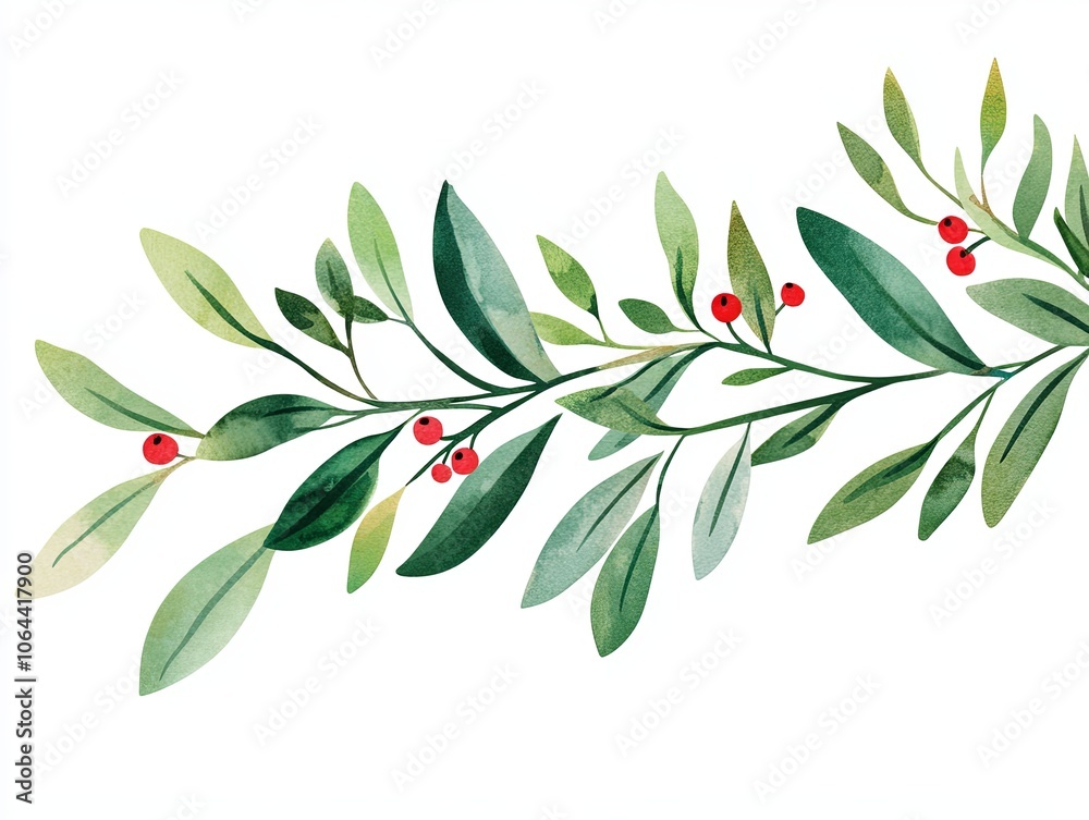 Cheerful watercolor style greenery with red berries, perfect for festive decor. This illustration captures essence of Christmas with vibrant leaves and joyful colors Cheerful watercolor style greenery with red berries, perfect for festive decor. This illustration captures essence of Christmas with vibrant leaves and joyful colors