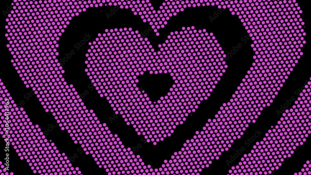 Animated abstract heart pattern with pink dots on a black background. Looping animation with a subtle pulsating effect. Valentine's Day Hearts 4k video background.