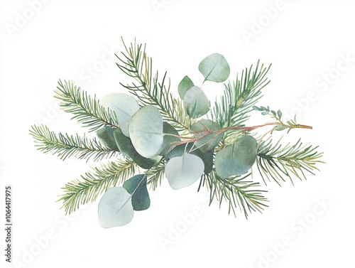 Cheerful watercolor style eucalyptus and pine arrangement with green leaves and branches, perfect for nature inspired decor