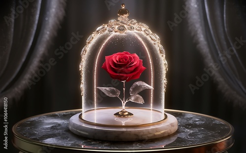 A single red rose encased in a glass dome with a golden base and surrounded by sparkling diamonds, set against a dark velvet background. photo