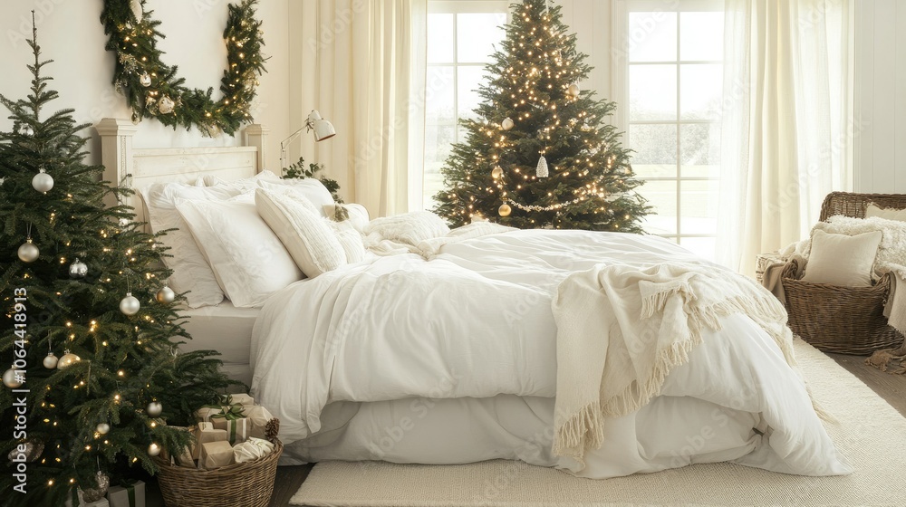 Fototapeta premium Cozy Holiday Bedroom with Christmas Decor