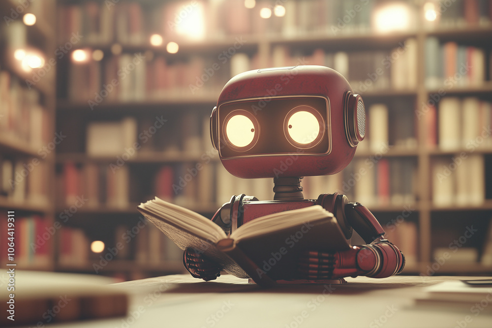 Robot reading a book while sitting at a table in a library filled with shelves of books Robot reading a book while sitting at a table in a library filled with shelves of books