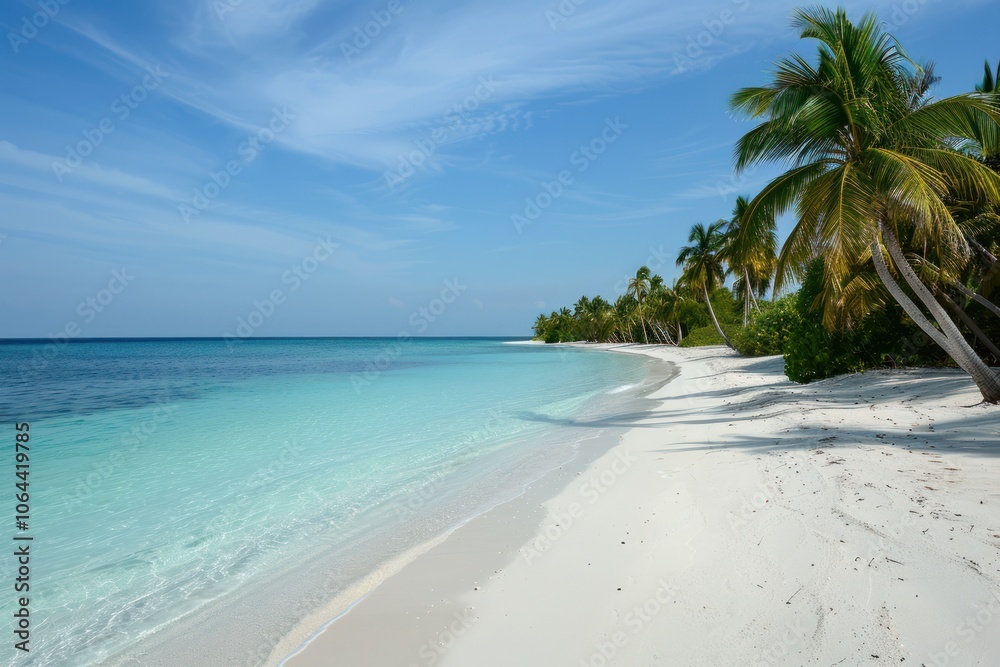 beach with white sand and coconut trees on a sunny day