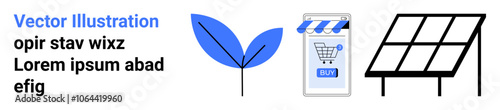 Blue leaf, online shopping cart with a striped awning, and solar panel icon. Ideal for sustainability projects, green technology promotions, e-commerce marketing, eco-friendly campaigns, renewable