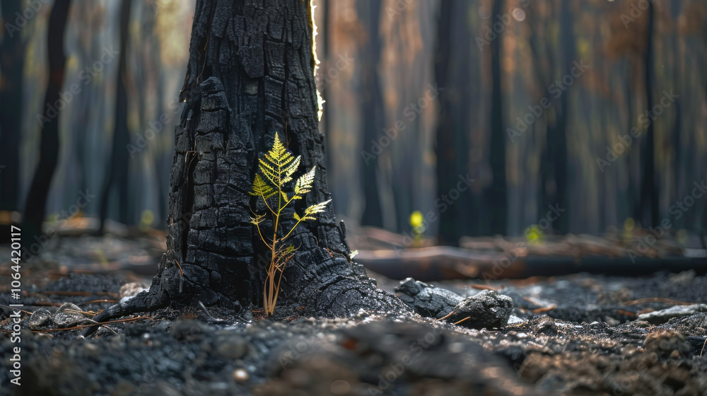 A blackened tree trunk with a small, green fern sprouting at its base, symbolizing new growth after a forest fire. A blackened tree trunk with a small, green fern sprouting at its base, symbolizing new growth after a forest fire.