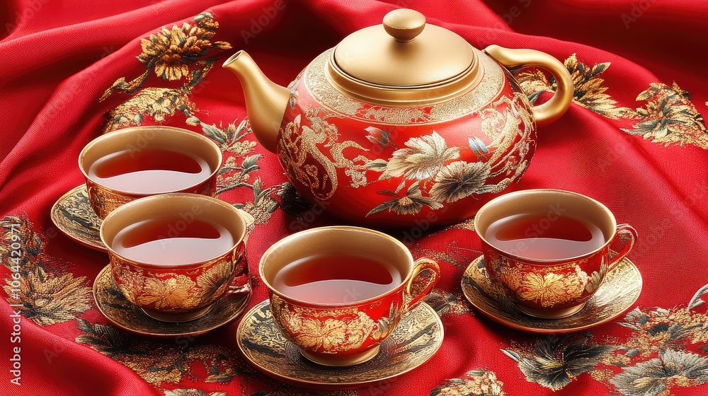 Fototapeta premium Elegant Red Teapot and Cups on Decorative Fabric