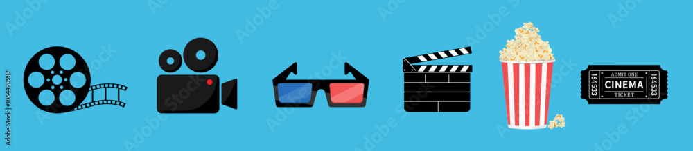 Movie or cinema icons set vector elements collection with ticket, popcorn, film reel, 3d glasses, clapperboard on blue background. Movie or cinema icons set vector elements collection with ticket, popcorn, film reel, 3d glasses, clapperboard on blue background.