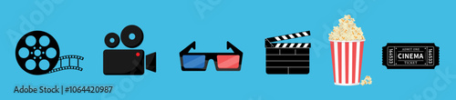 Movie or cinema icons set vector elements collection with ticket, popcorn, film reel, 3d glasses, clapperboard on blue background.