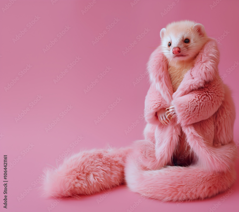 Creative animal concept. Ferret in luxury wealthy fancy chic luxurious impeccable Fur feather fabric outfits isolated on bright background advertisement, copy text space Creative animal concept. Ferret in luxury wealthy fancy chic luxurious impeccable Fur feather fabric outfits isolated on bright background advertisement, copy text space