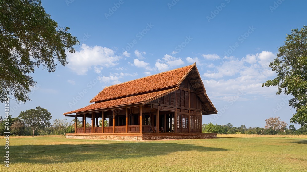 Traditional Wooden House on Green Field Traditional Wooden House on Green Field