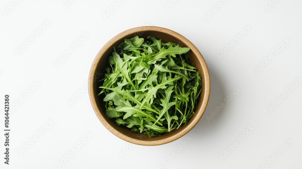 Fresh Arugula Leaves in Wooden Bowl on White Surface Fresh Arugula Leaves in Wooden Bowl on White Surface
