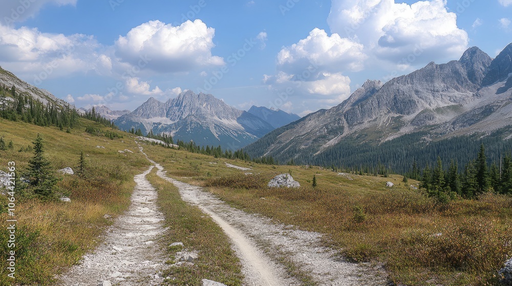 Naklejka premium Scenic Mountain Trail with Blue Sky and Clouds